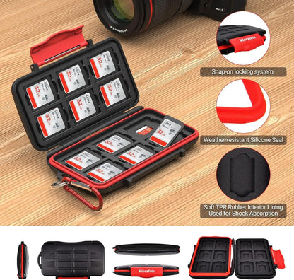 Kiorafoto SD Karten Aufbewahrung wasserdicht mit Karabiner, 24 Slots für 12 SD + 12 Micro SD