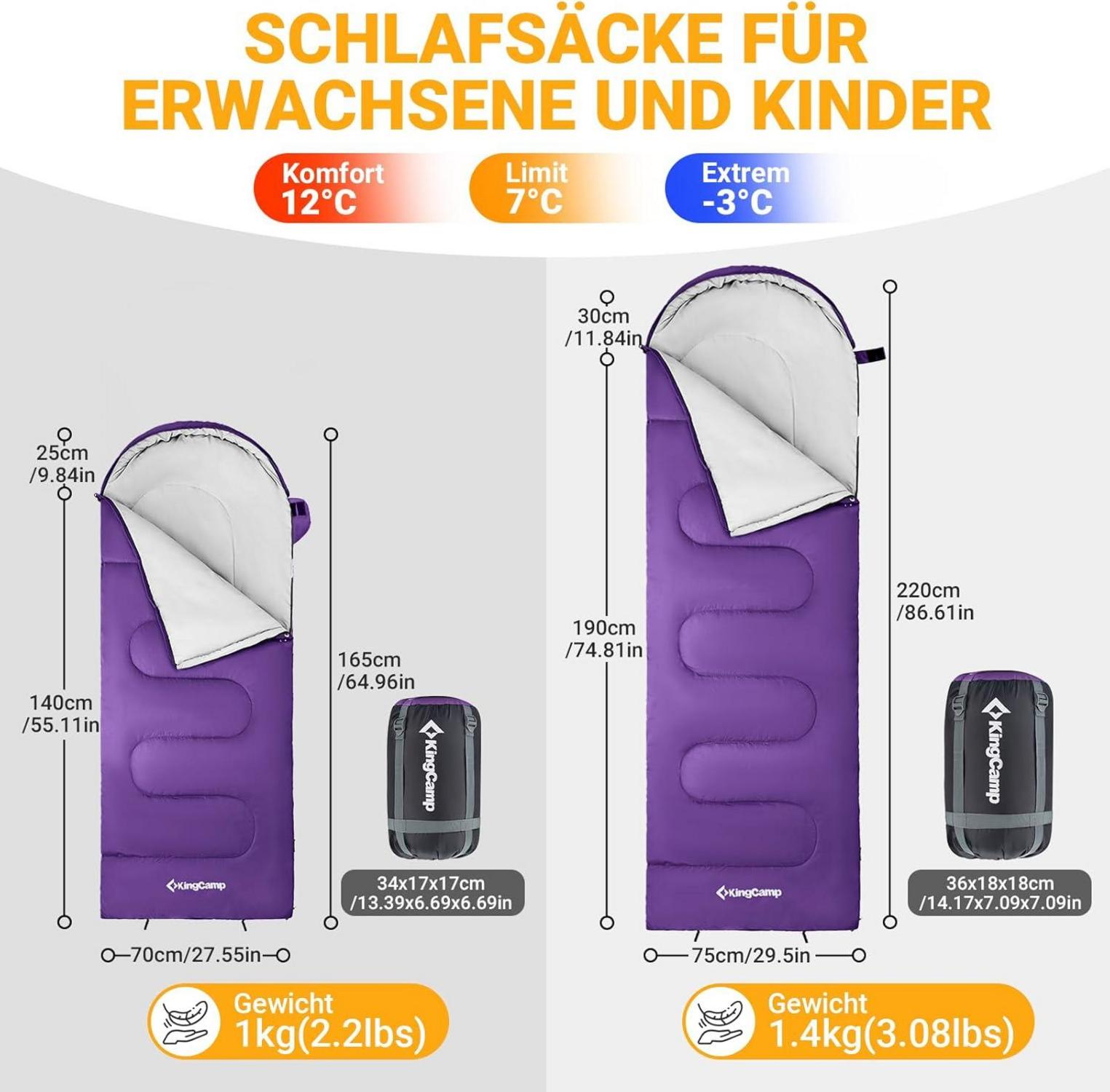 Ultraleichter Schlafsack 3-4 Jahreszeiten 220x75cm Lila Warm