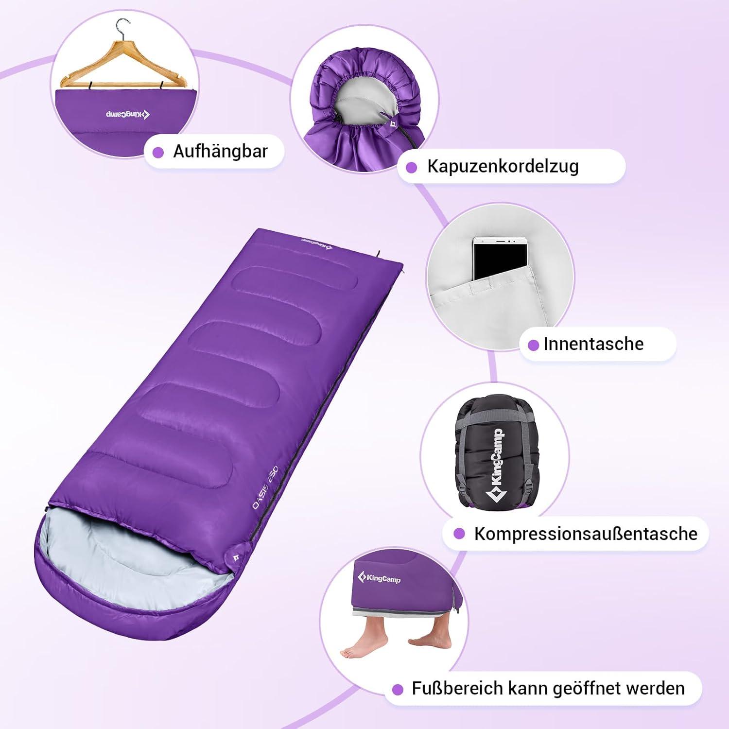 KingCamp Schlafsack Deckenschlafsack Ultraleicht Warm 3-4 Jahreszeiten 220×75cm Lila