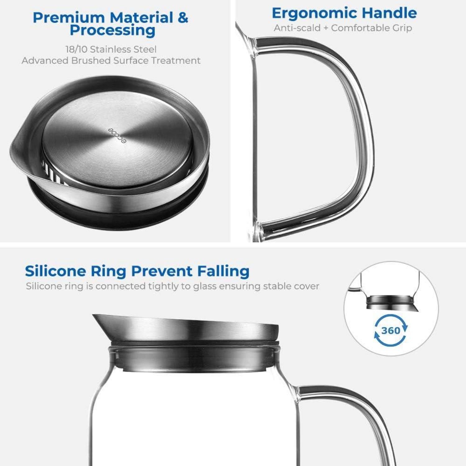 ecooe Glaskaraffe 1.5 Liter mit Edelstahl Deckel, Borosilikatglas Karaffe