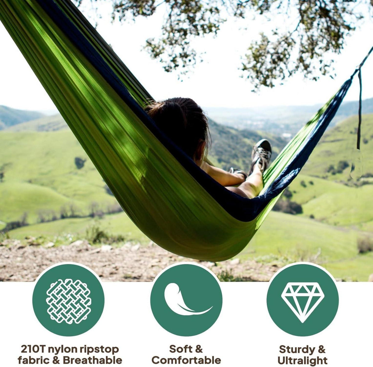 NATUREFUN Ultraleichte Camping Hängematte 300kg Tragkraft 275x140cm Apfelgrün/Dunkelgrün