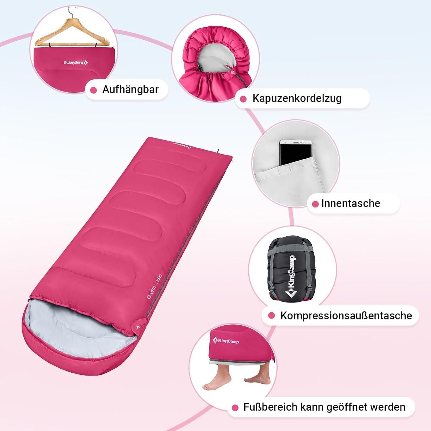 KingCamp Deckenschlafsack Camping Outdoor 3-4 Jahreszeiten Ultraleicht 220×75cm Rosa R Zip