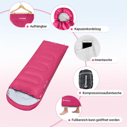 KingCamp Deckenschlafsack Camping Outdoor 3-4 Jahreszeiten Ultraleicht 220×75cm Rosa R Zip