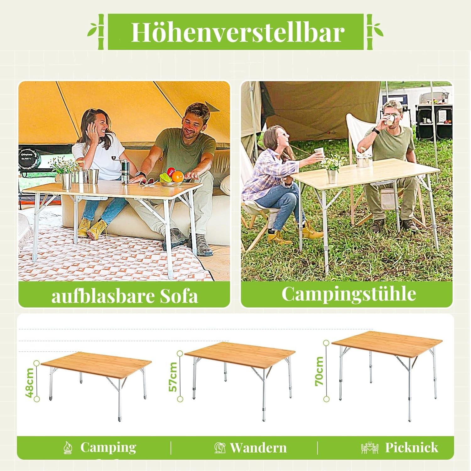 KingCamp Klapptisch Bambus höhenverstellbar Camping Garten Strand Picknick 120x70cm