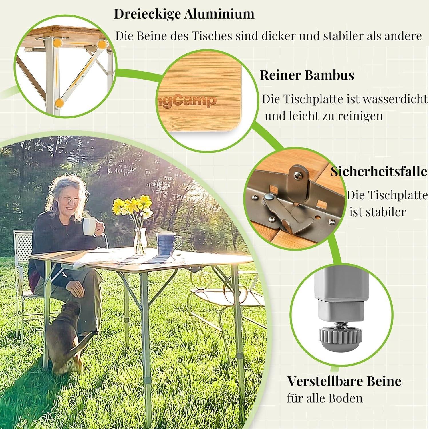 Klapptisch Bambus höhenverstellbar UV-Schutz Camping Garten