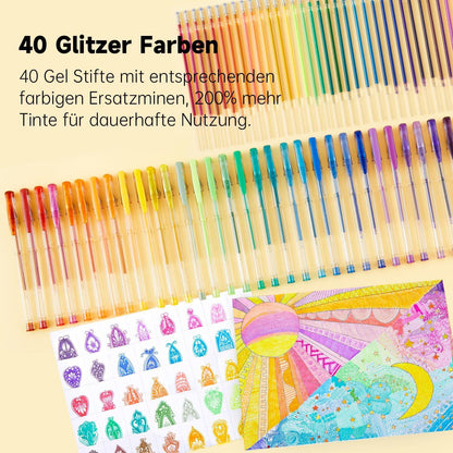 80er Glitzer Gelstifte Set in 40 Farben mit Ersatzminen