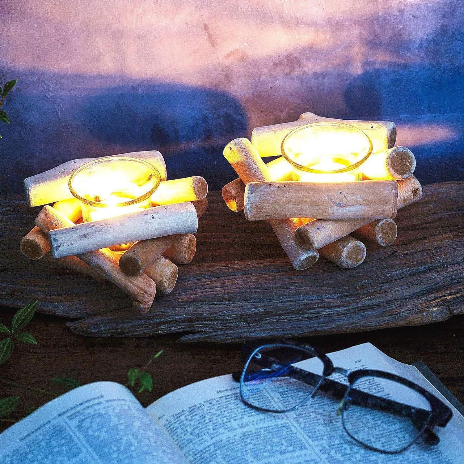 Rustikaler Holz Kerzenständer Vintage Teelichthalter Glas Windlicht