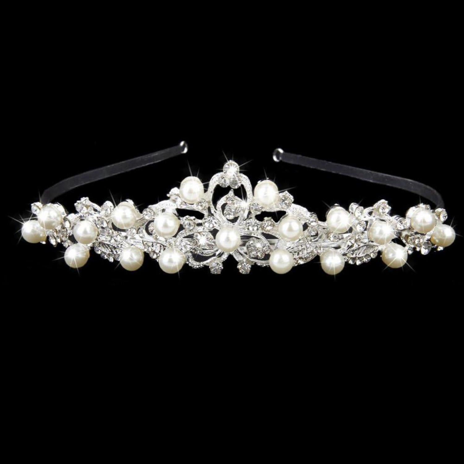 Silber Kristall Diadem Hochzeit Krone Strass Perle Haarreif