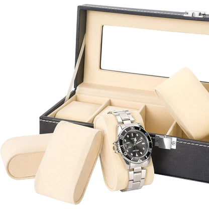 Uhrenbox für 6 Uhren mit Glasdeckel aus PU-Leder Schwarz