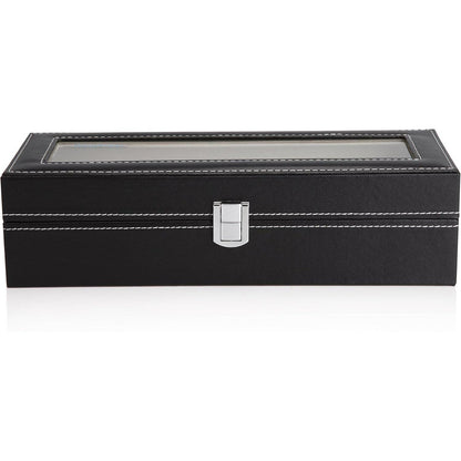 Uhrenbox für 6 Uhren mit Glasdeckel aus PU-Leder Schwarz