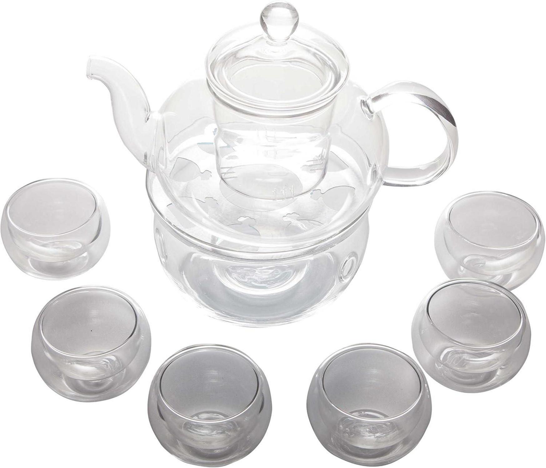 Beddingleer Teekanne aus Glas 600mL Tee Set mit 6 Tassen und Wärmer