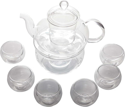 Beddingleer Teekanne aus Glas 600mL Tee Set mit 6 Tassen und Wärmer