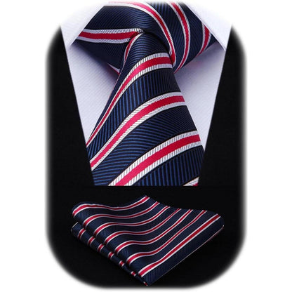 Navy Blue Red Striped Extra Long Tie Pocket Square Set