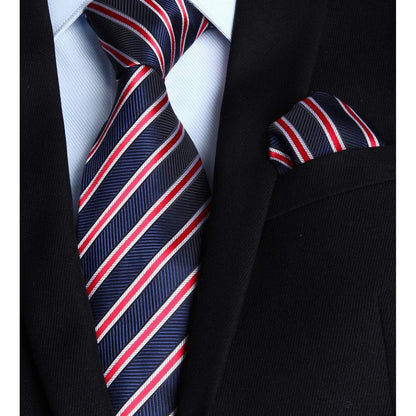 Navy Blue Red Striped Extra Long Tie Pocket Square Set
