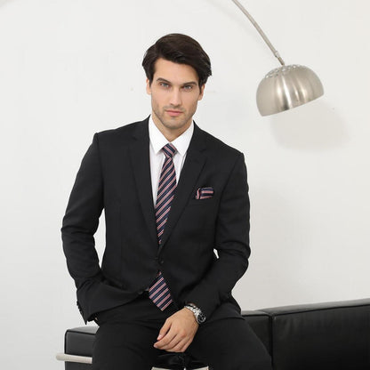 Navy Blue Red Striped Extra Long Tie Pocket Square Set