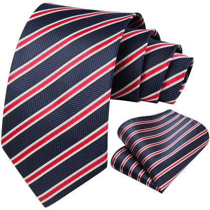 Navy Blue Red Striped Extra Long Tie Pocket Square Set