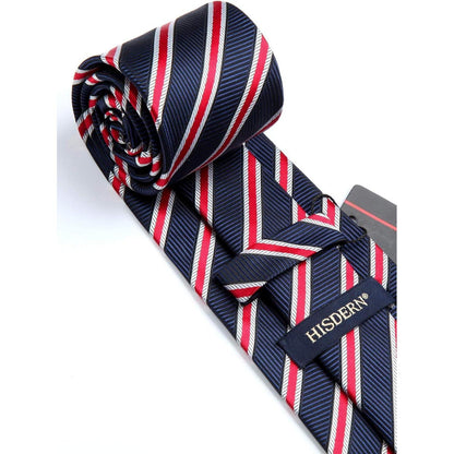 Navy Blue Red Striped Extra Long Tie Pocket Square Set
