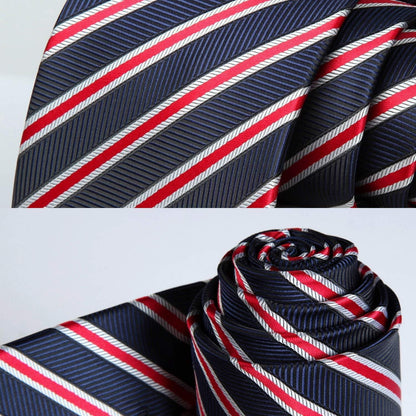 Navy Blue Red Striped Extra Long Tie Pocket Square Set