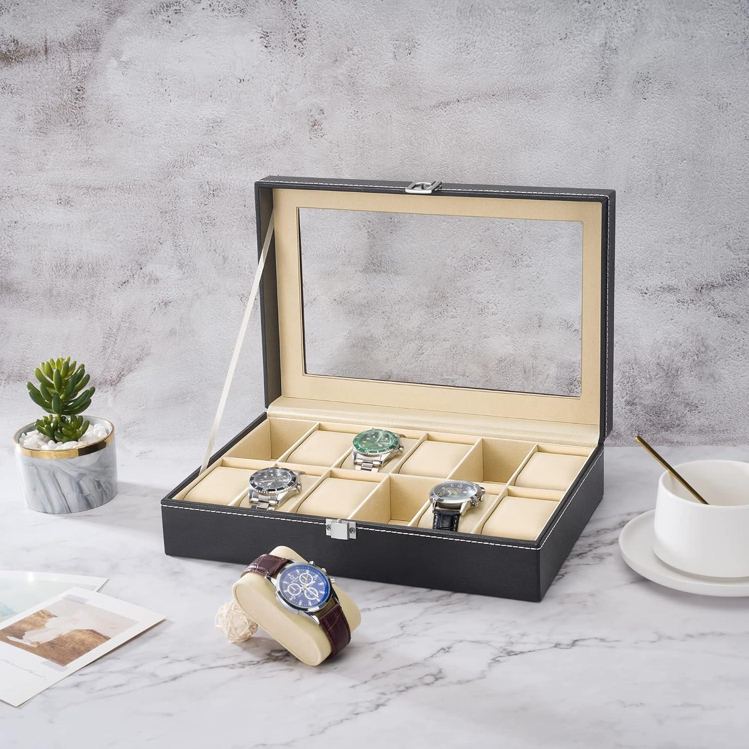 Uhrenbox für 12 Uhren mit Glasdeckel in Schwarz PU-Leder