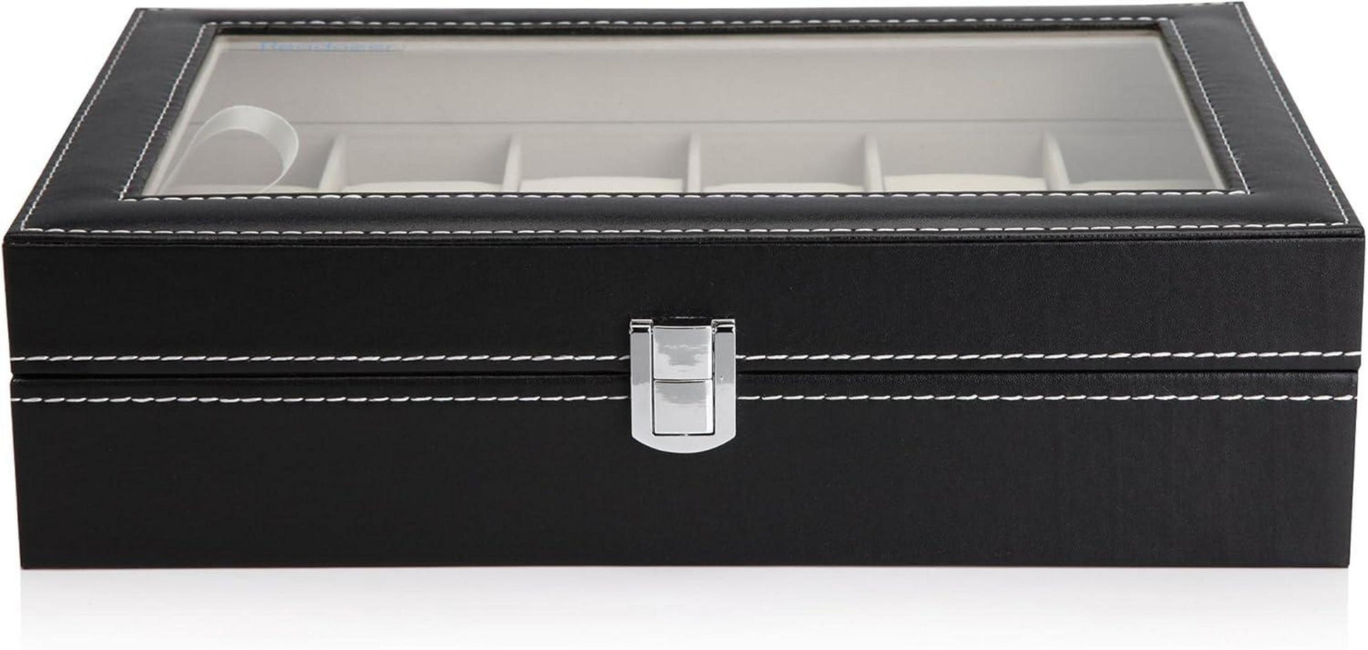 Uhrenbox für 12 Uhren mit Glasdeckel Samtfutter schwarz PU-Leder
