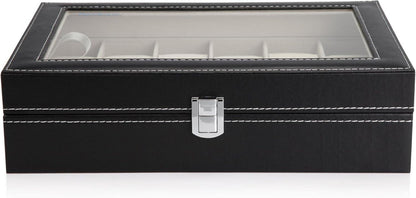 Uhrenbox für 12 Uhren mit Glasdeckel Samtfutter schwarz PU-Leder