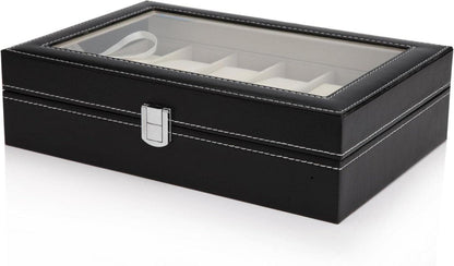 Uhrenbox für 12 Uhren mit Glasdeckel und Samtfütterung, schwarz PU-Leder