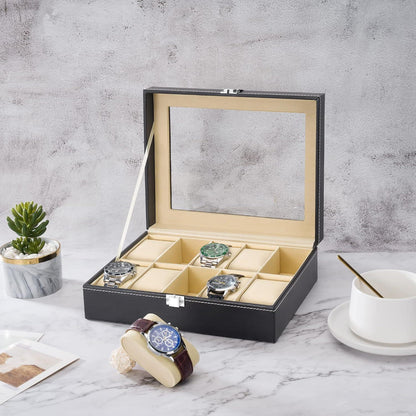 Uhrenbox mit Glasdeckel Schwarz PU-Leder 10 Uhren 25x20x8