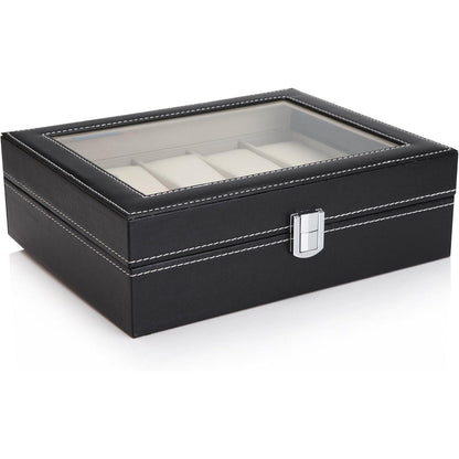 Uhrenbox mit Glasdeckel Schwarz PU-Leder 10 Uhren 25x20x8