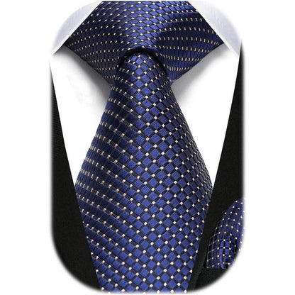 Navy Blue Check Plaid Extra Long Tie and Handkerchief Set