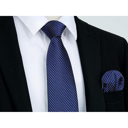 Navy Blue Check Plaid Extra Long Tie and Handkerchief Set
