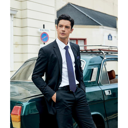 Navy Blue Check Plaid Extra Long Tie and Handkerchief Set