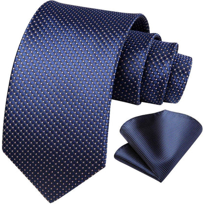 Navy Blue Check Plaid Extra Long Tie and Handkerchief Set