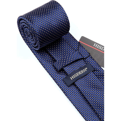 Navy Blue Check Plaid Extra Long Tie and Handkerchief Set