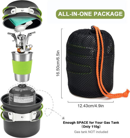 9-teiliges Camping Geschirr Set Aluminium Outdoor Kochgeschirr Töpfe Becher Besteck Mini Campingkocher