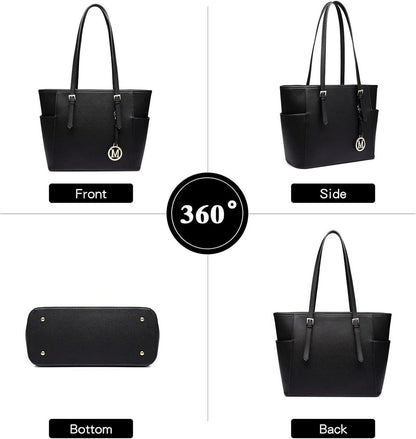 Schwarze Damen Handtasche Shopper Schultertasche Groß PU Leder 35x28cm