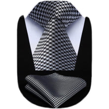 Extra lange Hahnentritt-Krawatte & Taschentuch Set Silber