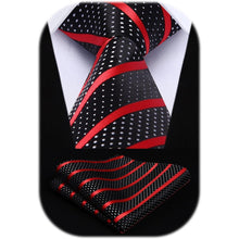 Extra lange gestreifte Krawatte Taschentuch Set Rot Schwarz