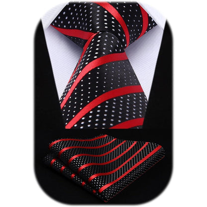 Extra lange gestreifte Krawatte Taschentuch Set Rot Schwarz