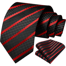 Extra lange gestreifte Krawatte Taschentuch Set Rot Schwarz