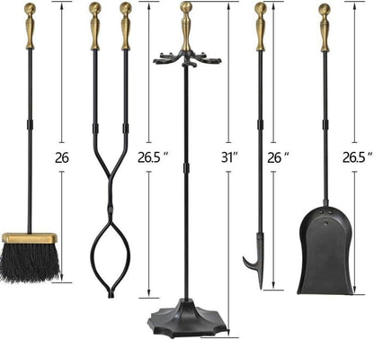 Kaminbesteck 5tlg. Messing Eisen Halter Feuerstelle Gold-schwarz 67,3 cm