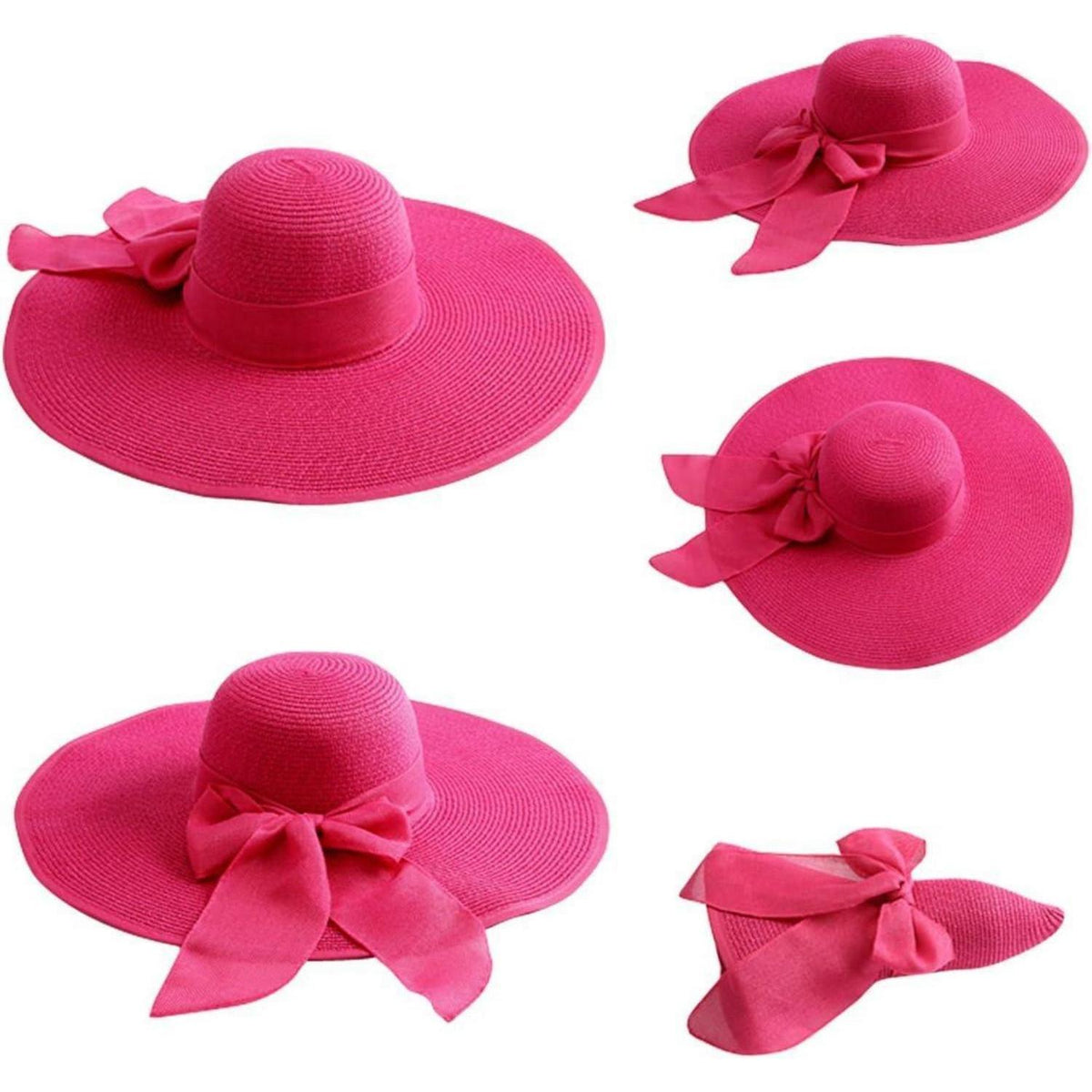 Damen Strohhut mit großer Schleife, Rose, faltbar