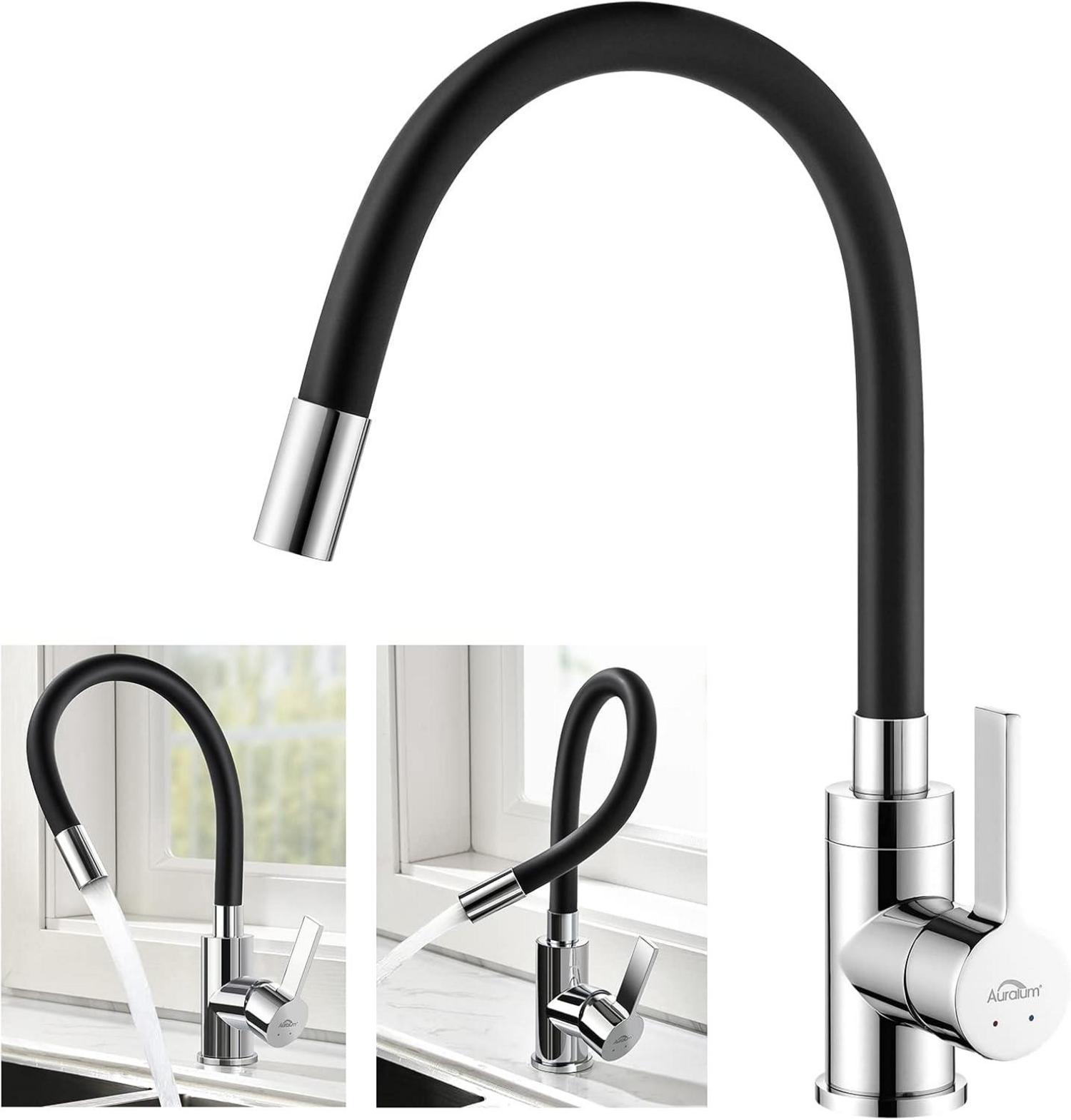 Schwarzer Wasserhahn mit flexiblem Auslauf und Wasserspar Aerator