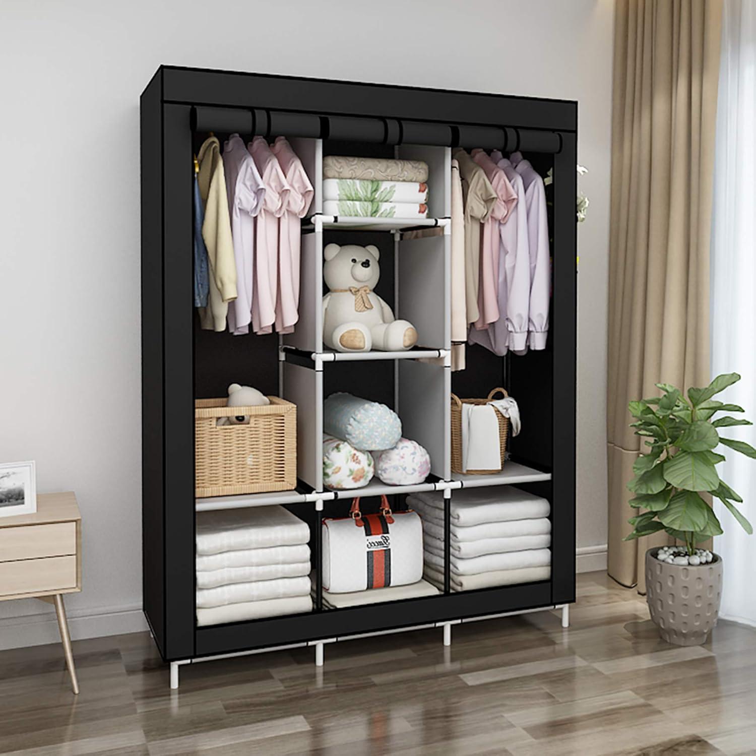Einfacher Stoff Kleiderschrank Faltschrank Schwarz
