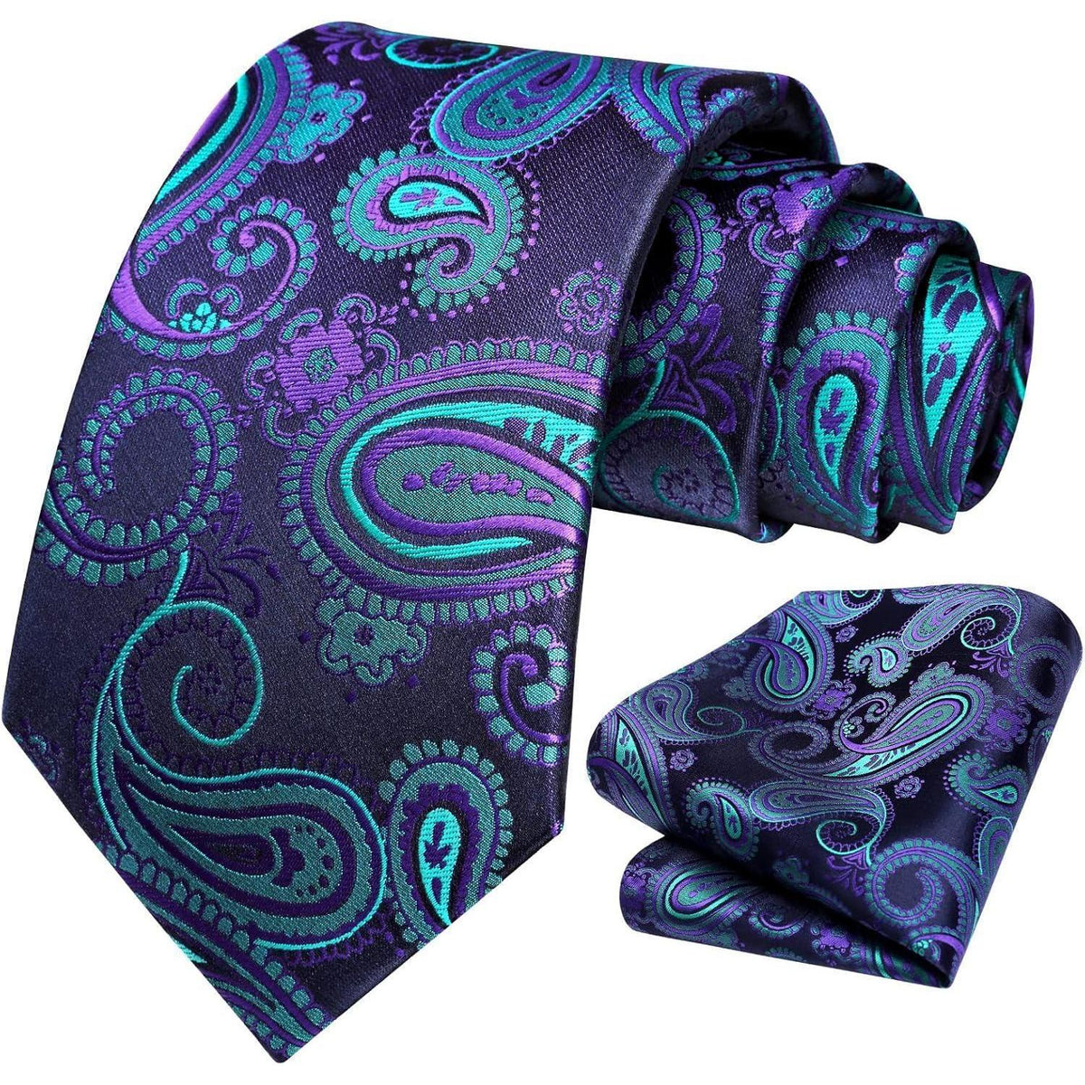 Krawatten-Set mit Einstecktuch Paisley Marineblau/Grün/Lila