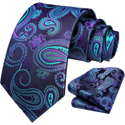 Krawatten-Set mit Einstecktuch Paisley Marineblau/Grün/Lila