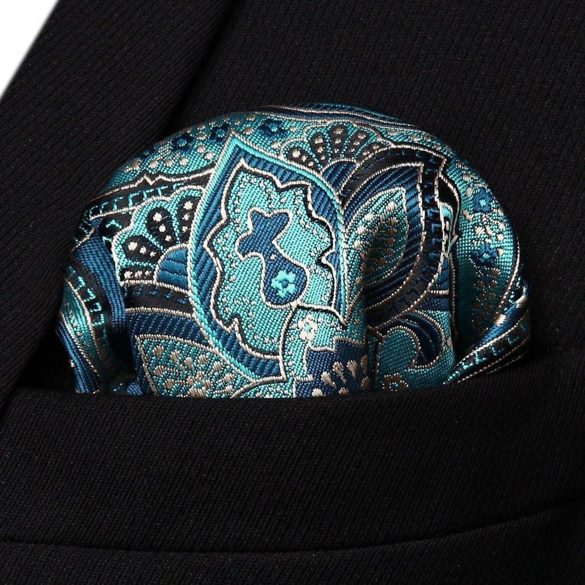 Herren Krawatten-Set mit Einstecktuch, Paisley-Blumenmuster, Aqua