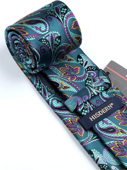 Herren Hochzeit Paisley Krawatte Taschentuch Blumen Set Aqua Lila