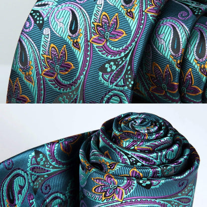 HISDERN Herren Krawatte Paisley Blumen Einstecktuch Hochzeit Set Aqua Lila