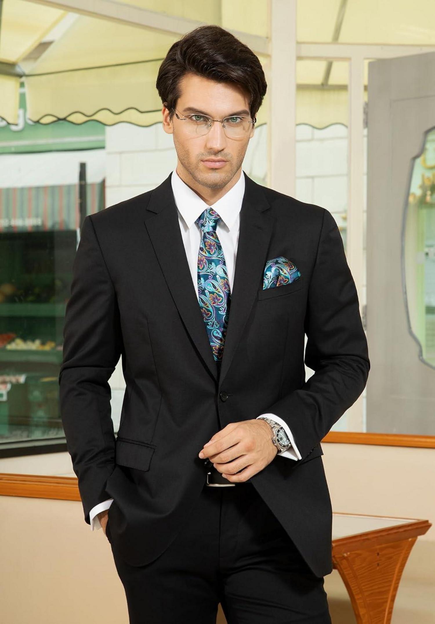 HISDERN Herren Krawatte Paisley Blumen Einstecktuch Hochzeit Set Aqua Lila