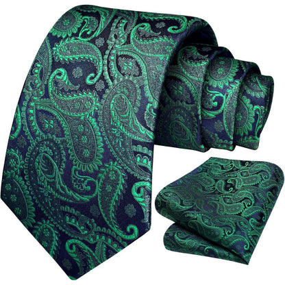 Krawatten-Set mit Einstecktuch, Paisley-Blumenmuster, Grün